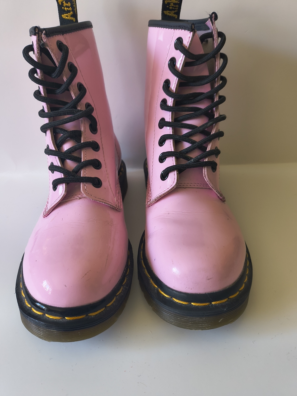 Dr. Martens Pink Patent Lace-Up Boots with Black Trim
